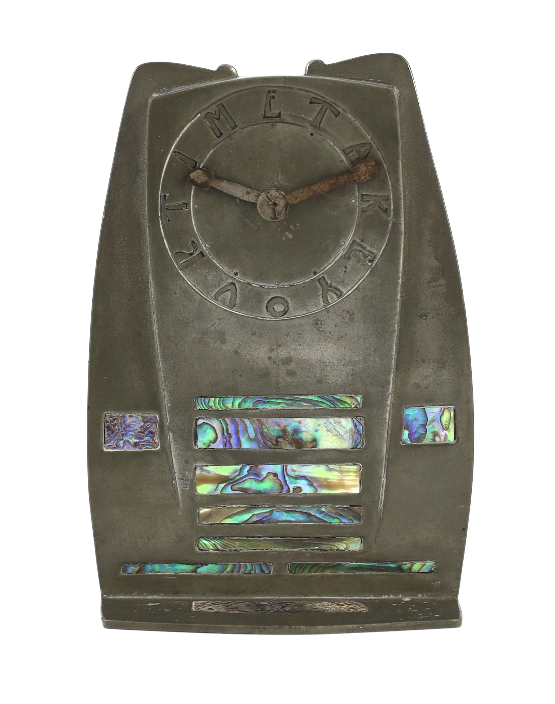 A Liberty & Co Tudric pewter and abalone inlaid mantel timepiece, 11.25cm wide, 8cm deep,16cm high